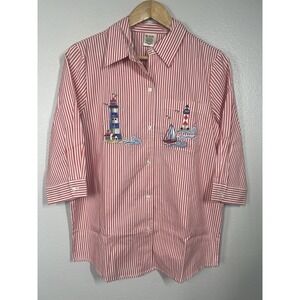 Blair Shirt Women's Small Red Embroidered Lighthouse Shirt Nautical Grandma Core